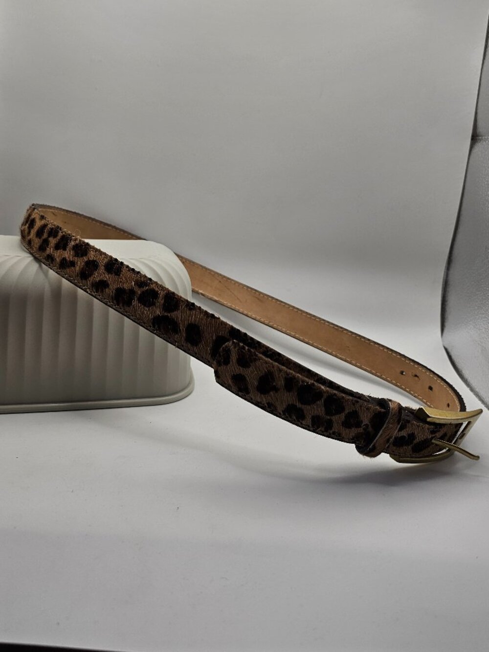 Leopard Print Calf Hair Belt Women’s Skinny Gold Buckle Genuine Leather Backing